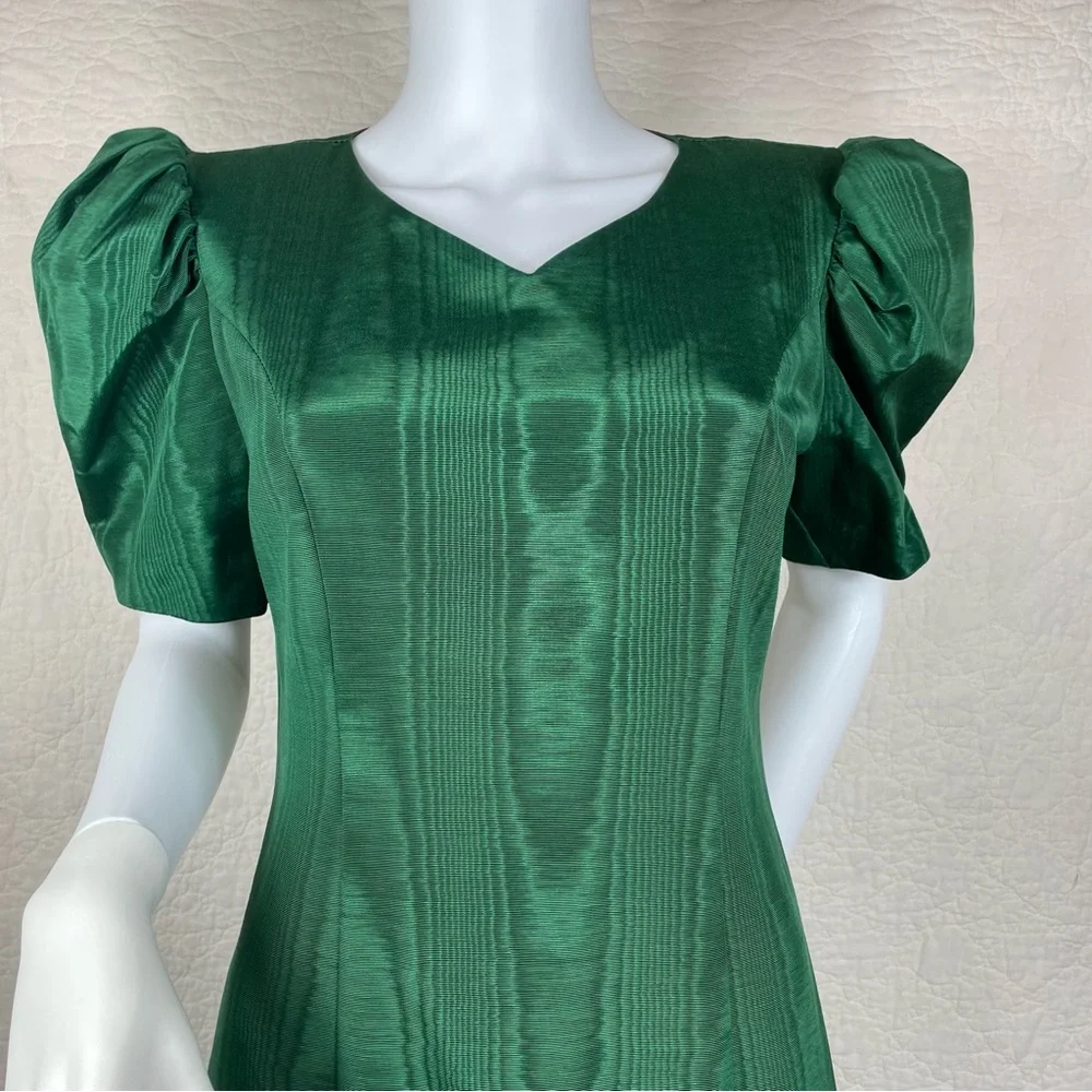 🔥Vintage Maggie Breen Puffed Sleeve Bows Midi Green Dress - Picture 2 of 12